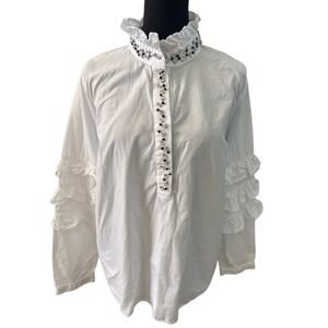 White Ruffle Collar Rhinestone Embellished Lg Sleeve Top Romantic Victorian XL